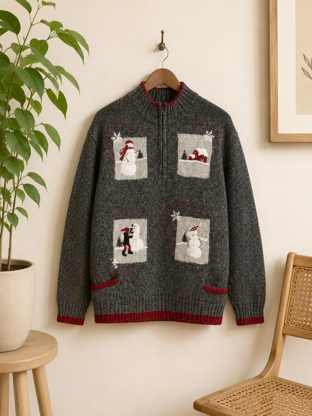 Northern Reflections Heathered Gray Snowman Christmas‎ 1/4 Zip Sweater Sz M
